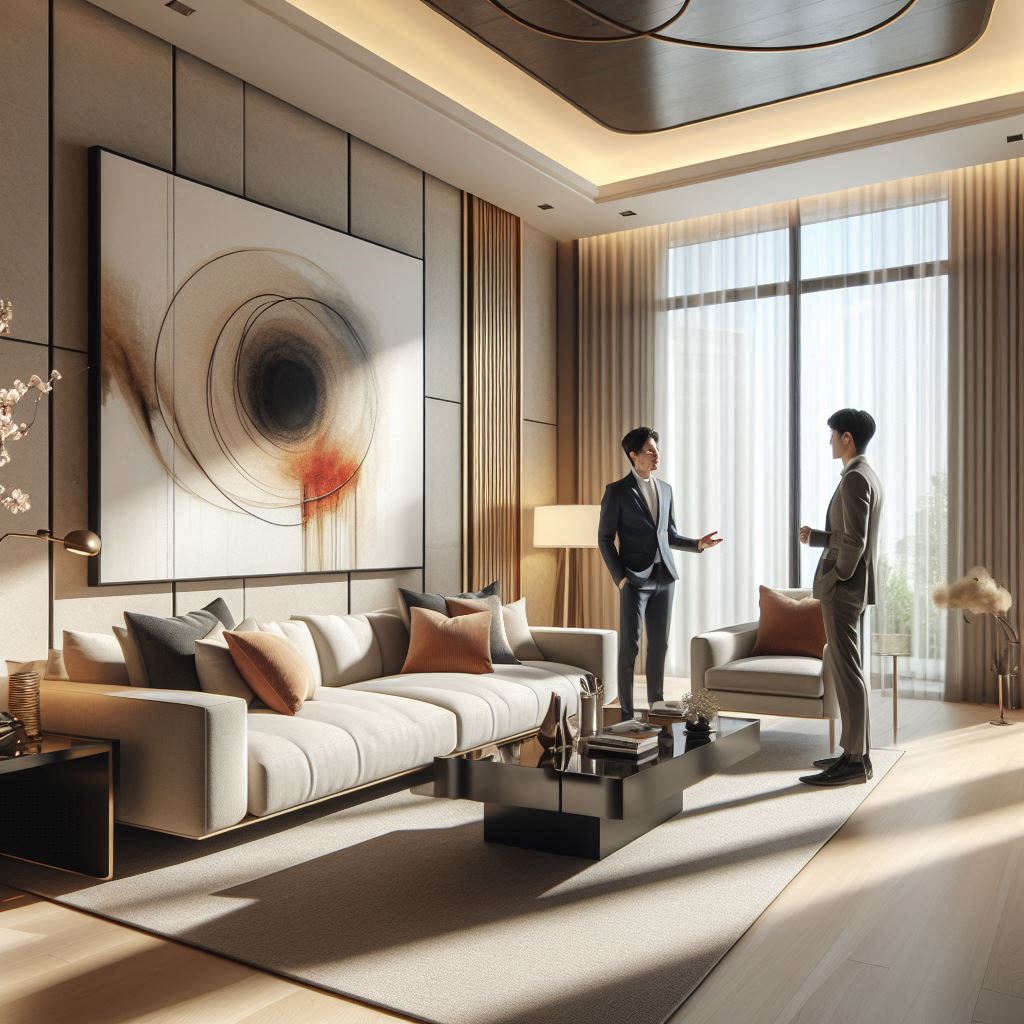 Designer (22) Modern living room showcasing interior designing with sleek furniture, neutral color palette, natural light, minimalist décor, cozy sofa, stylish coffee table, rug, indoor plants, and accent lighting in an open, elegant layout.