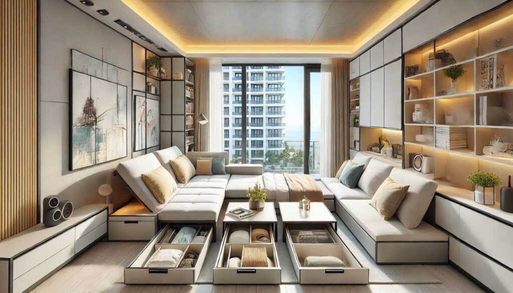 Designer (23) Stylish living room interior design with modern furniture and natural lighting.